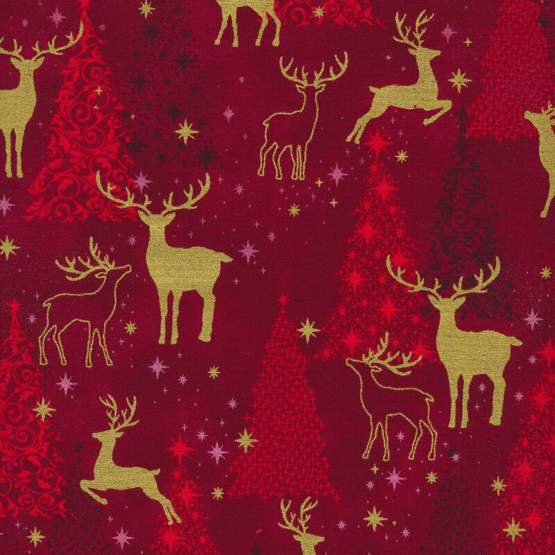 rich red fabric featuring red and burgundy Christmas tree motifs overlaid by metallic gold deer silhouettes
