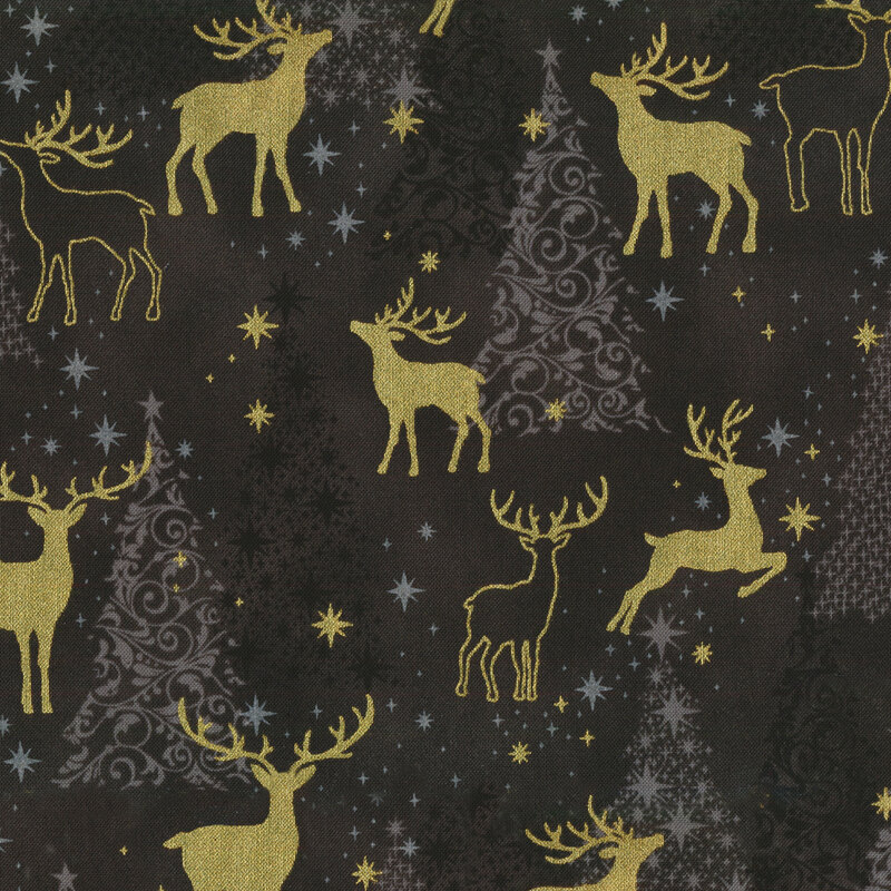 rich black fabric featuring light and dark gray Christmas tree motifs overlaid by metallic gold deer silhouettes