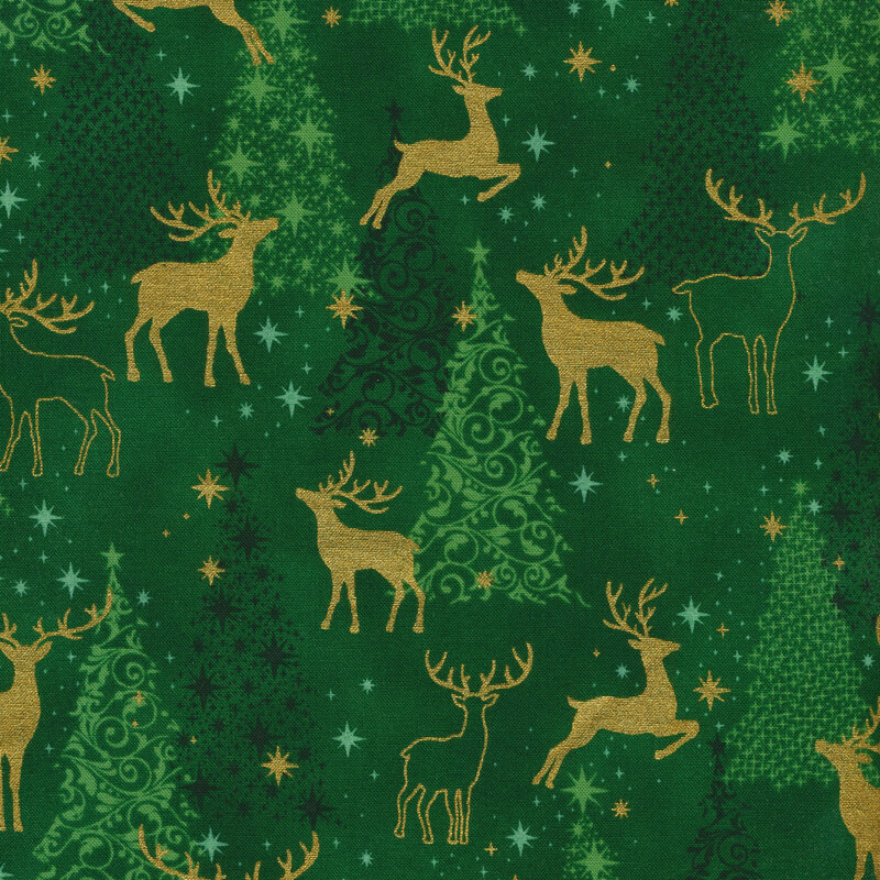 kelly green fabric featuring light and dark green Christmas tree motifs overlaid by metallic gold deer silhouettes