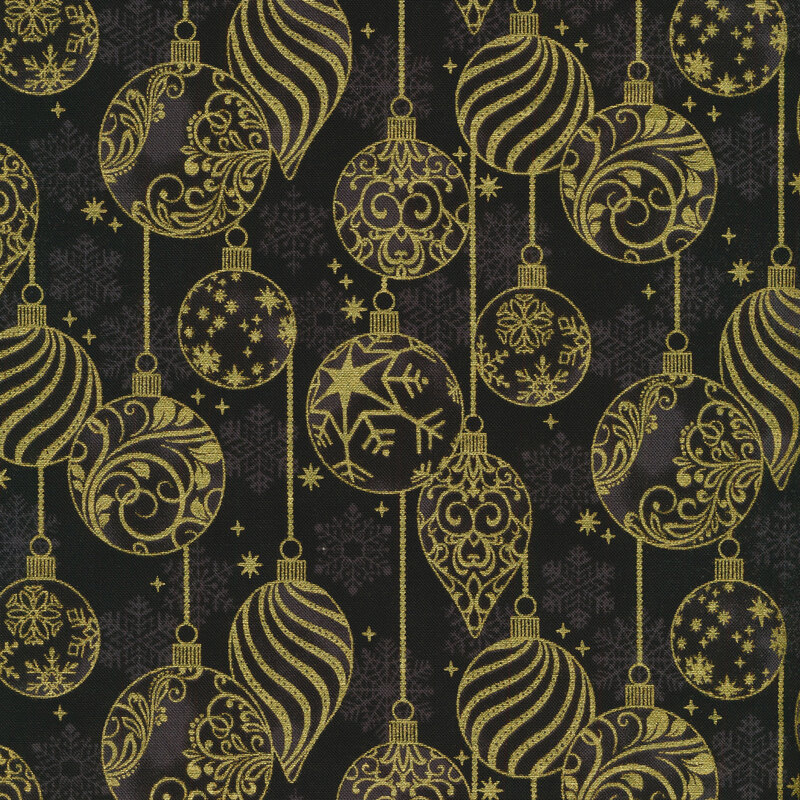 rich black fabric featuring scattered light gray snowflakes overlaid by metallic gold Christmas ornaments