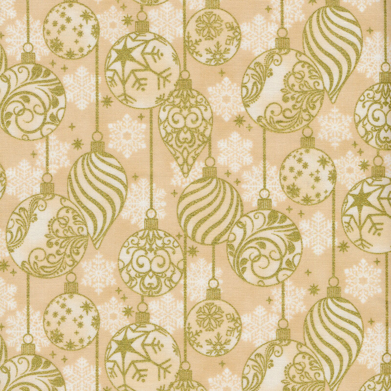 dark cream fabric featuring scattered white snowflakes overlaid by metallic gold Christmas ornaments