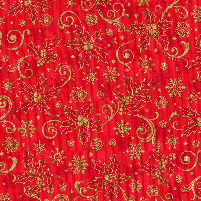 vibrant red fabric featuring scattered tonal snowflakes overlaid by metallic gold Christmas holly sprigs, snowflakes, and swirling scrolls