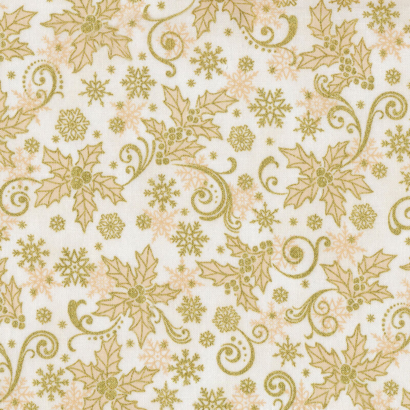 white fabric featuring scattered cream snowflakes overlaid by metallic gold Christmas holly sprigs, snowflakes, and swirling scrolls