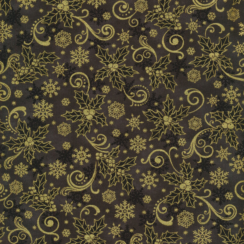 charcoal black fabric featuring scattered black snowflakes overlaid by metallic gold Christmas holly sprigs, snowflakes, and swirling scrolls