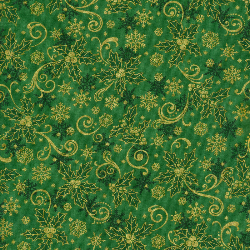 green fabric featuring scattered dark green snowflakes overlaid by metallic gold Christmas holly sprigs, snowflakes, and swirling scrolls