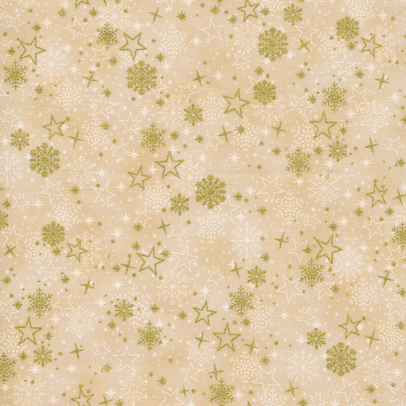 rich cream fabric featuring scattered white snowflakes and stars overlaid by metallic gold stars and snowflakes