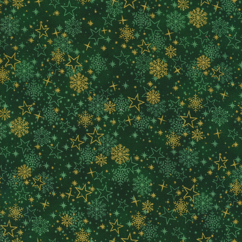 forest green fabric featuring scattered tonal snowflakes and stars overlaid by metallic gold stars and snowflakes