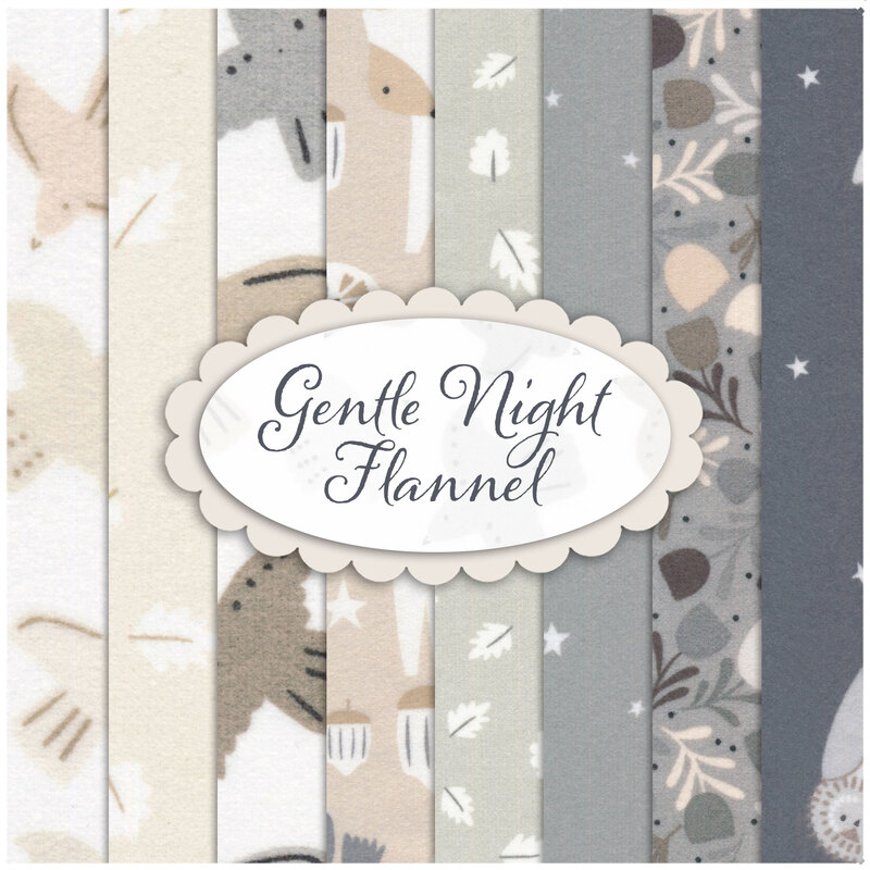 Collage of all Gentle Night Flannels, in soft shades of cream, taupe, and gray