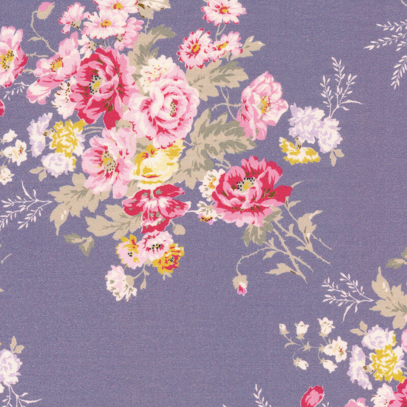 Lilac blue fabric featuring pink and yellow flowers