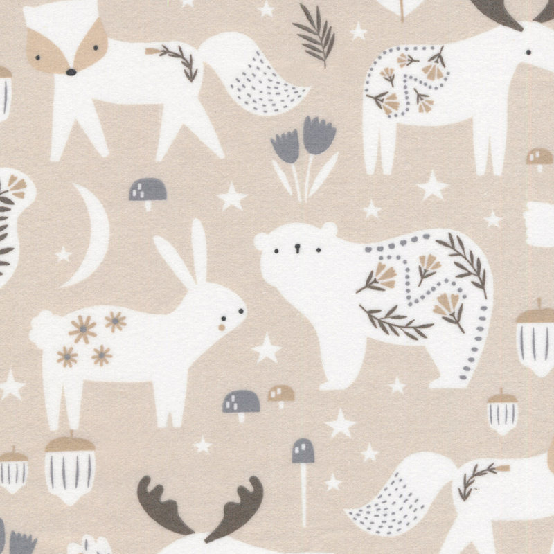 taupe flannel fabric featuring adorable white woodland animals with floral markings interspersed with mushrooms, stars, and crescent moons