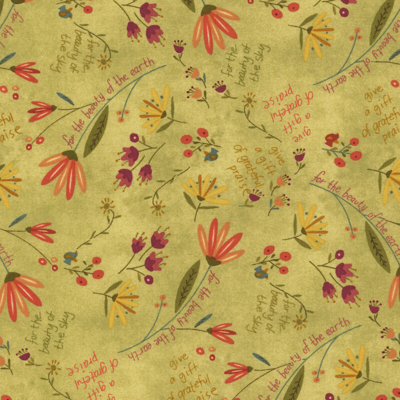 Sage green fabric covered with tossed wildflowers and snippets of hymns