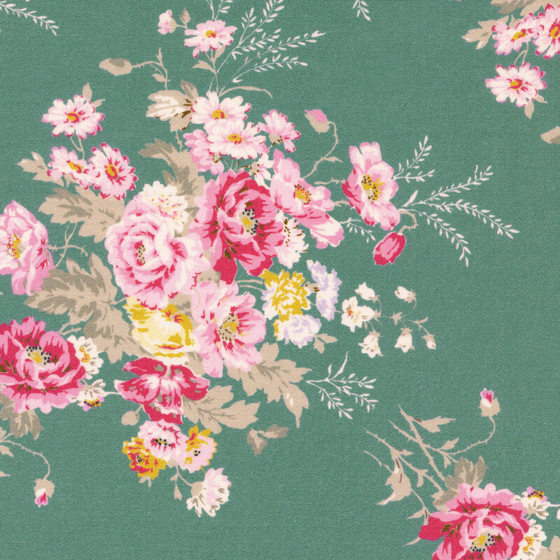 teal fabric featuring pink and yellow flowers