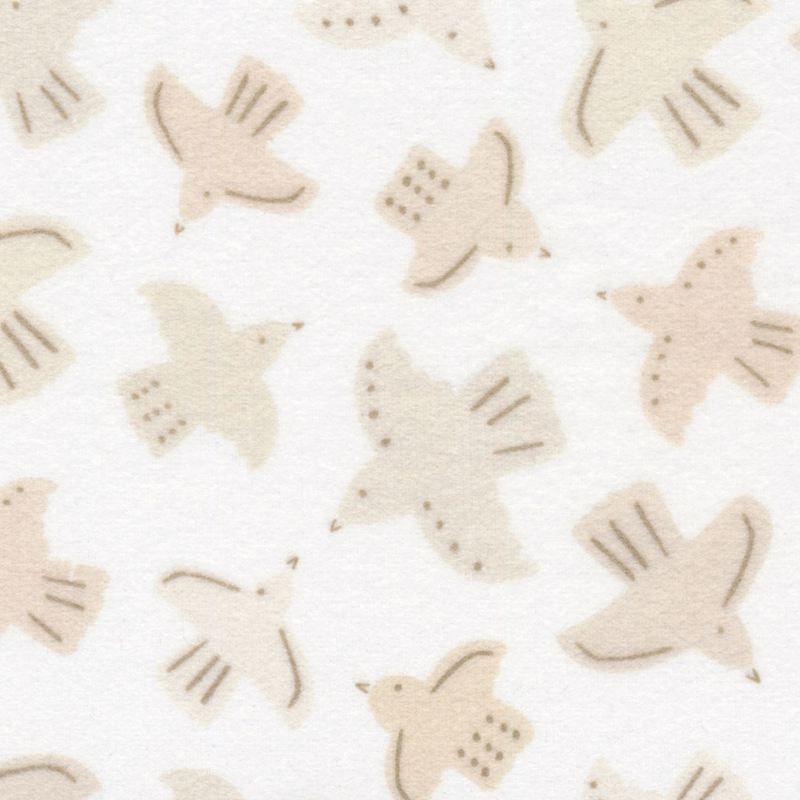 off white flannel fabric featuring scattered adorable taupe flying birds