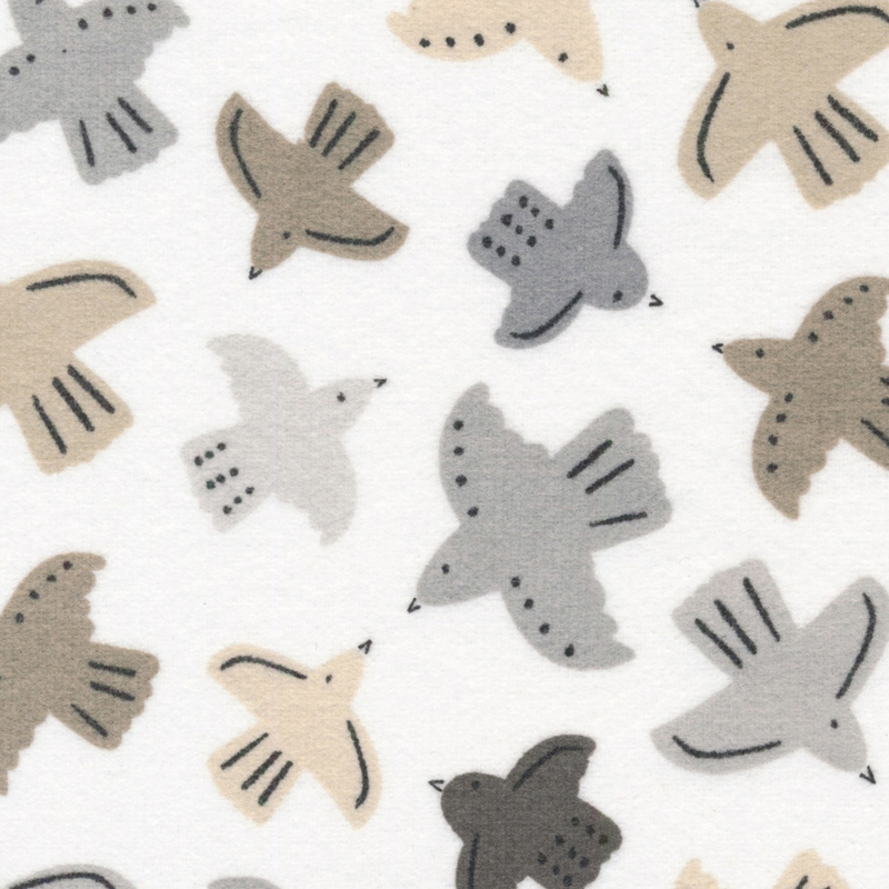off white flannel fabric featuring scattered adorable taupe, brown, and gray flying birds