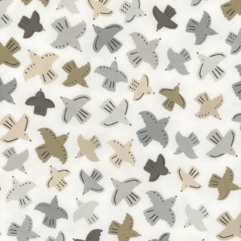 off white flannel fabric featuring scattered adorable taupe, brown, and gray flying birds