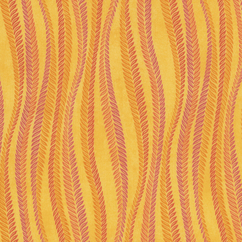 Yellow fabric with vertical wavy lines made up of leaves.