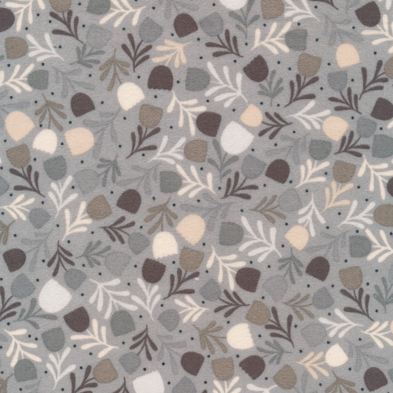 gray flannel fabric featuring scattered black dots and brown, gray, taupe, and cream tulips