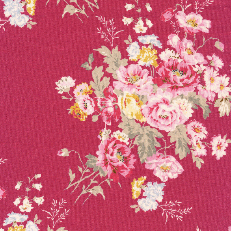 red fabric featuring pink and yellow flowers