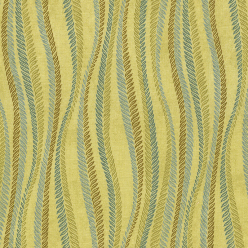 Green fabric with vertical wavy lines made up of leaves.