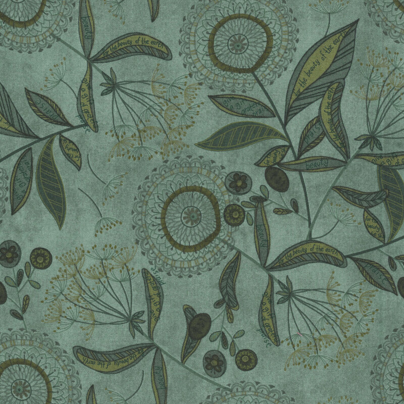 Blue tonal fabric covered with tossed dandelions