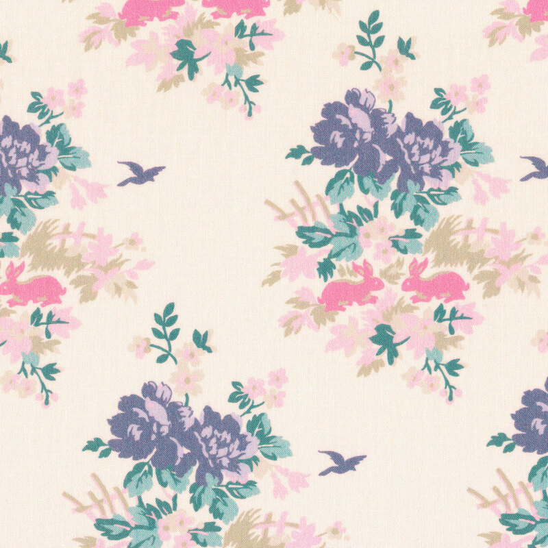 cream fabric featuring lilac blue and light pink flowers with bunnies and birds