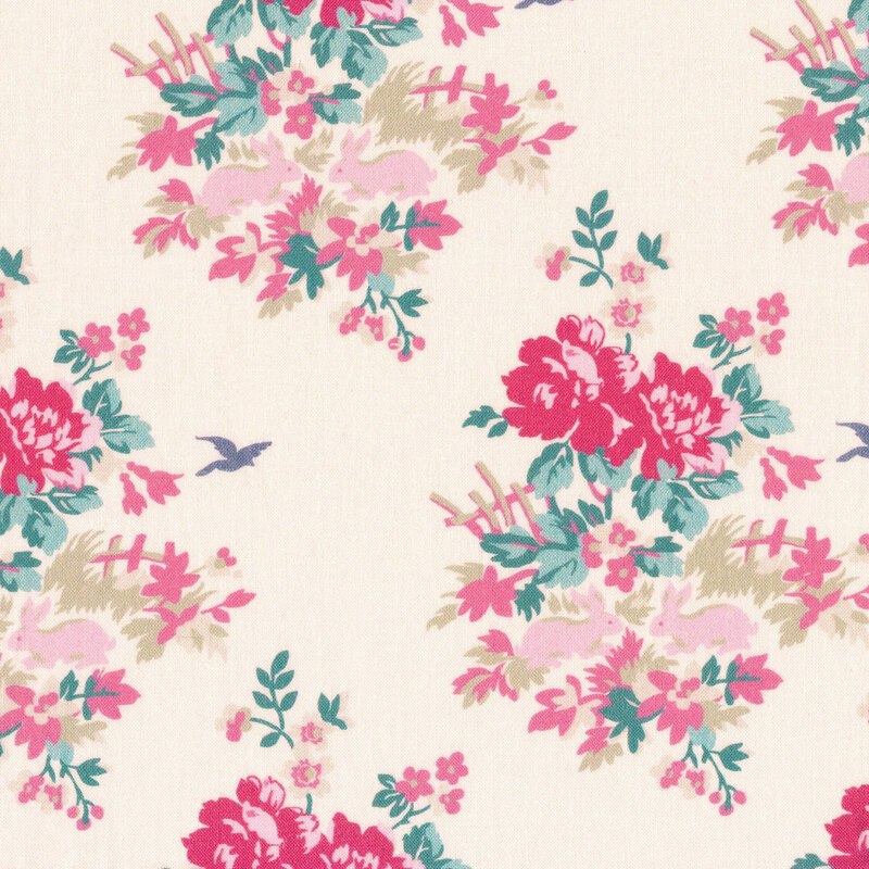 cream fabric featuring pink flowers with bunnies and birds 