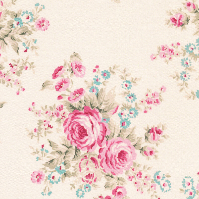 cream fabric featuring pink and blue flowers