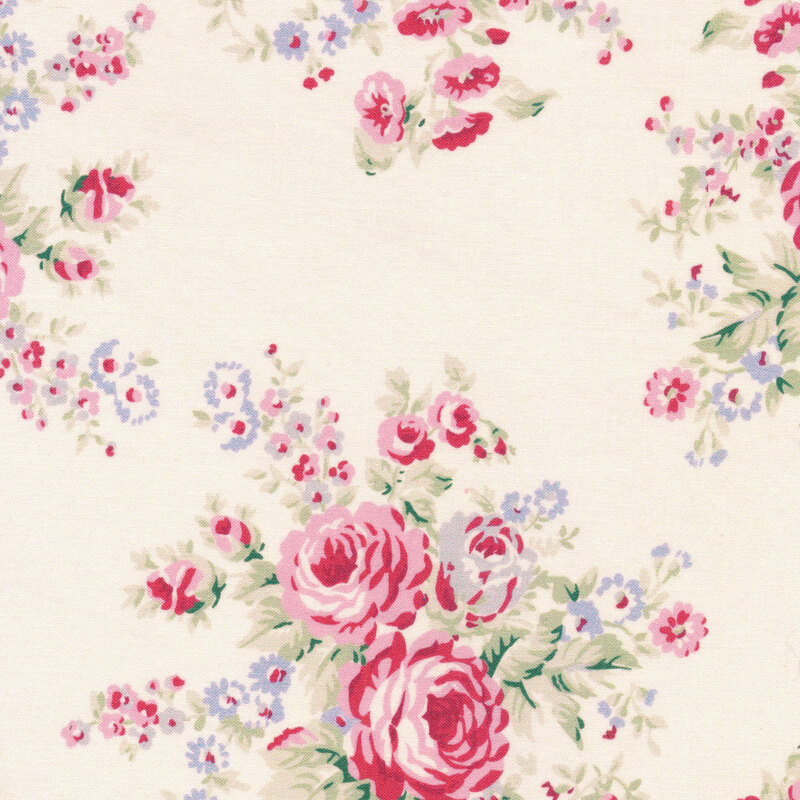 cream fabric featuring pink and purple flowers