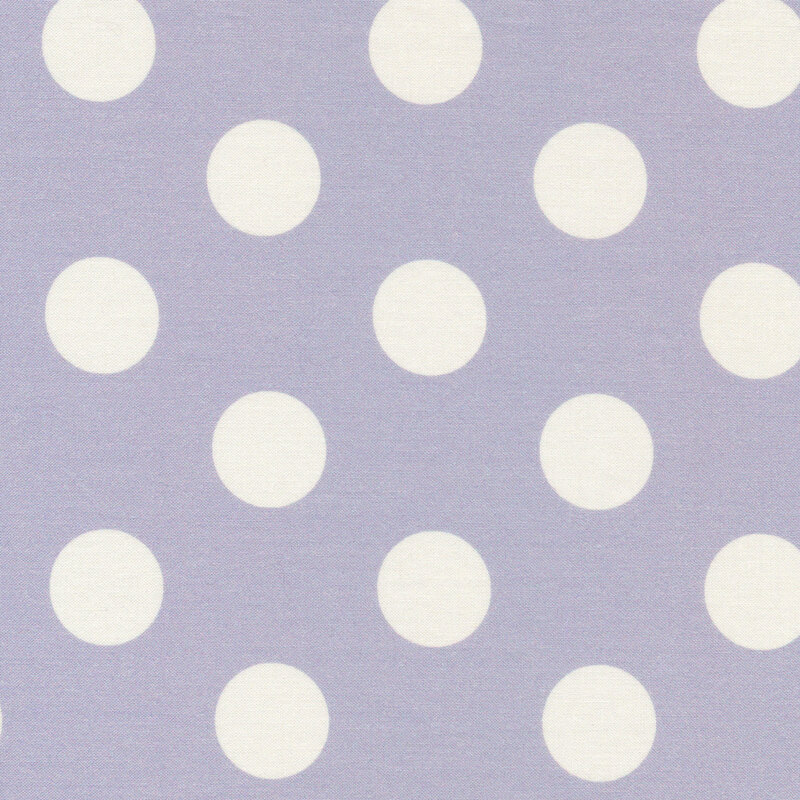 lilac blue fabric featuring white polka dots