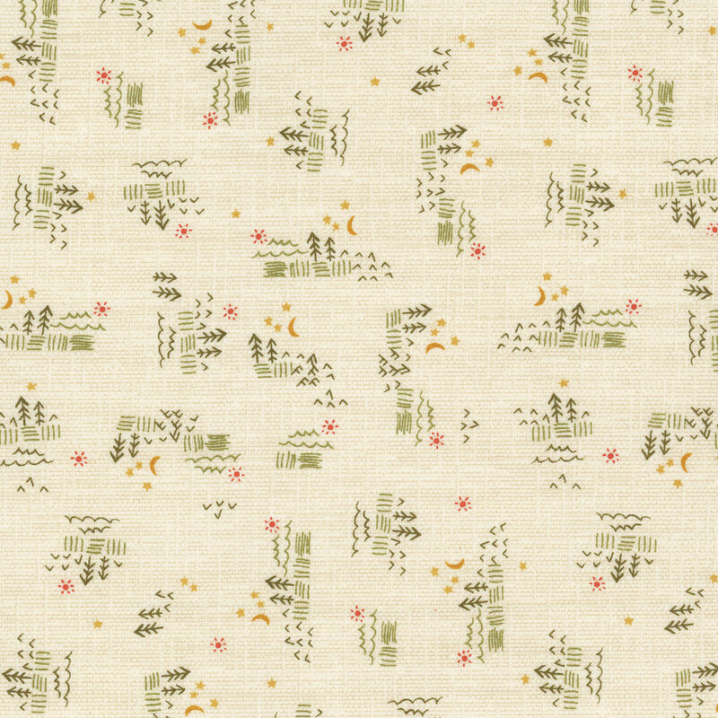 Cream fabric covered in tiny minimalist scenes arranged perpendicular to one another.