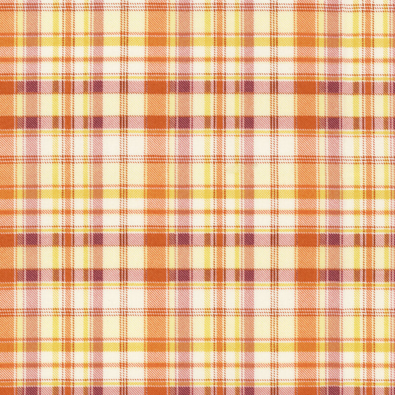 Yellow, berry red, and orange plaid fabric