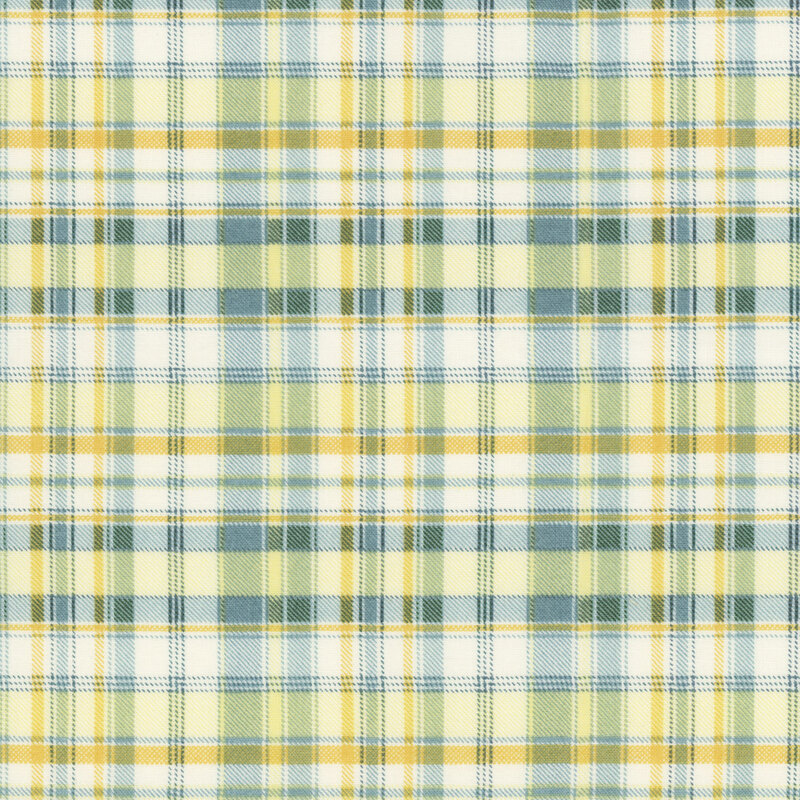 White, blue, and yellow plaid fabric