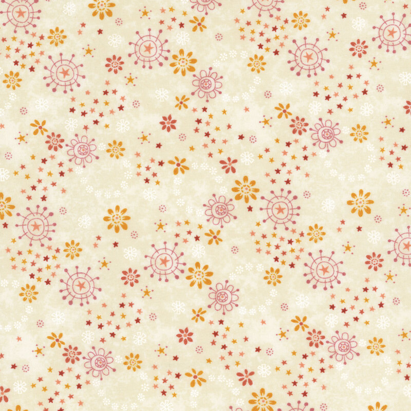 Cream fabric featuring pink, yellow, and purple stylized flowers and stars