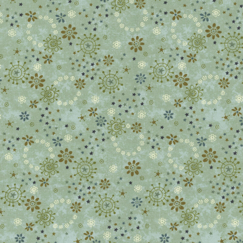 Aqua fabric featuring green, white, and blue stylized flowers and stars