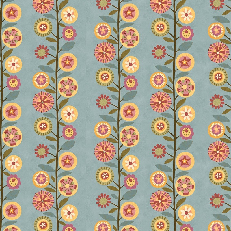 Dusty blue fabric featuring rows of flowers sprouting sprouting from a central vine in a wide border stripe pattern