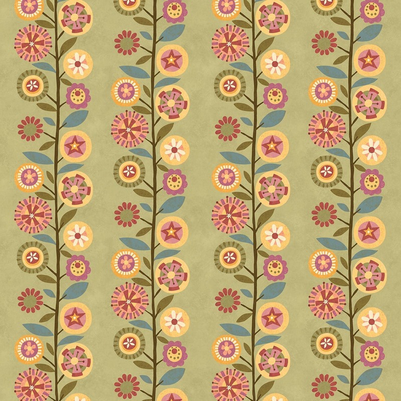 Sage green fabric featuring rows of flowers sprouting from a central vine in a wide border stripe pattern