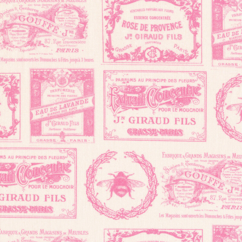 cream fabric featuring pink vintage signs
