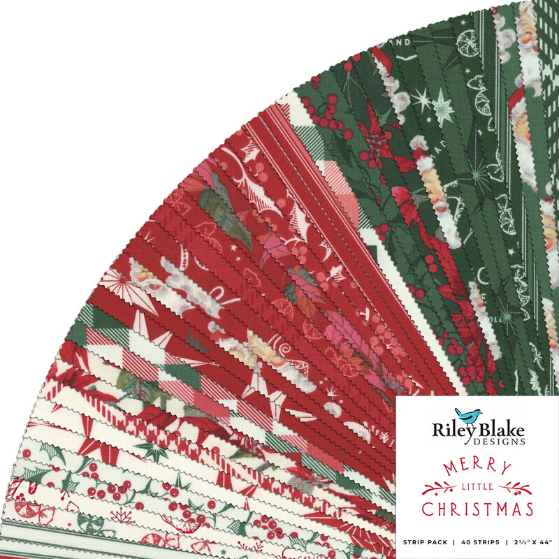 Collage of red and green Christmas themed fabrics, including holly, poinsettia, and Santa Claus patterns.
