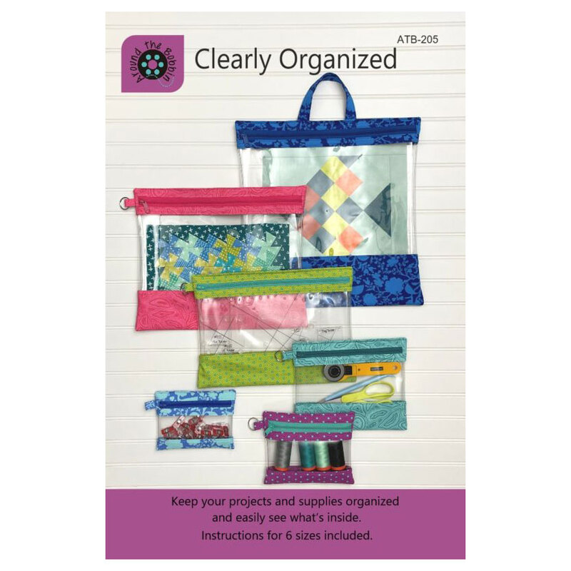 Front cover of pattern showing an assortment of the organizational pouches in various sizes and colors