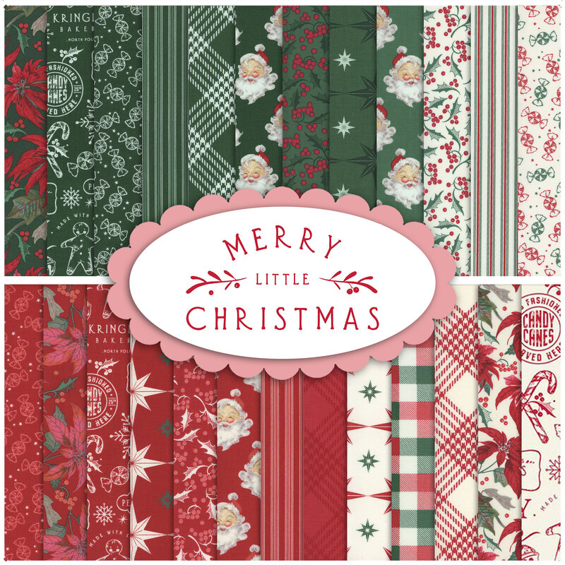 Collage of red and green Christmas themed fabrics, including holly, poinsettia, and Santa Claus patterns.