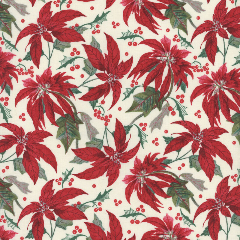 Cream fabric with a pattern of red poinsettias and little red berries.