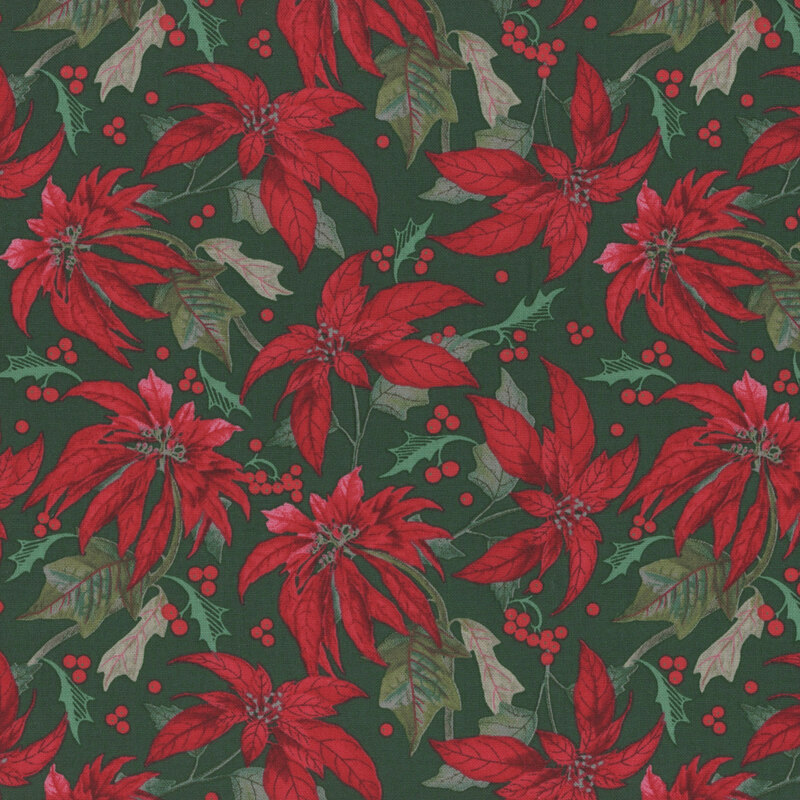 Green fabric with a pattern of red poinsettias and little red berries.