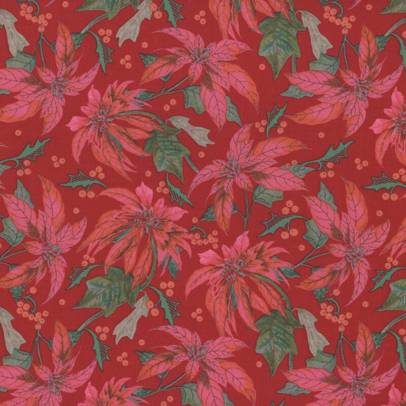 Red fabric with a pattern of red poinsettias and little red berries.