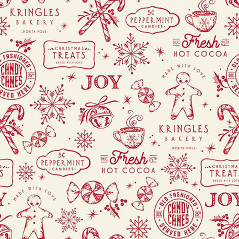 Cream fabric with a red line art pattern of gingerbread and peppermint treats, snowflakes, and café signage.