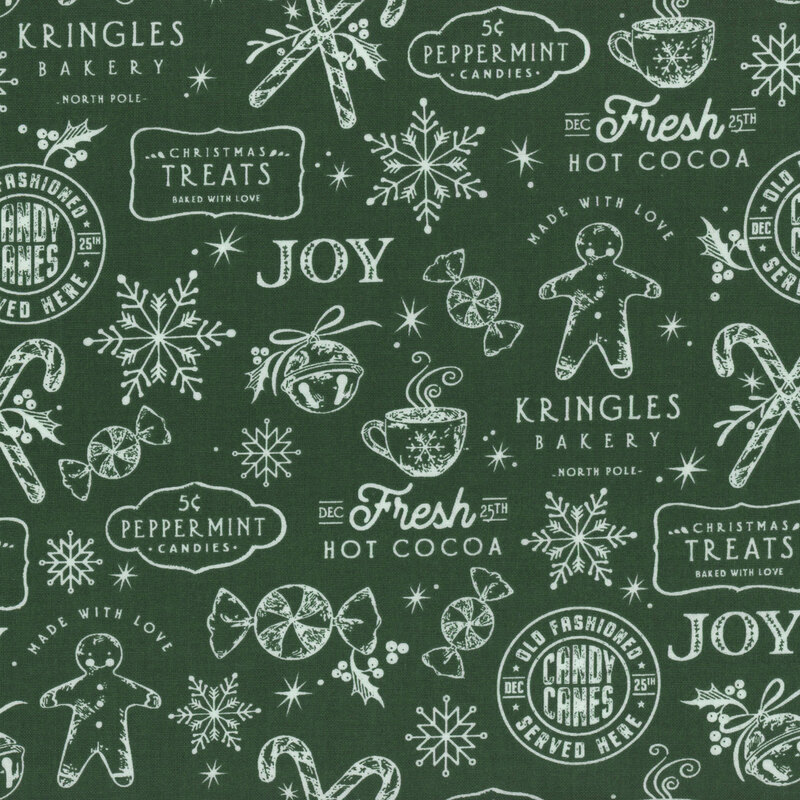 Green fabric with a white line art pattern of gingerbread and peppermint treats, snowflakes, and café signage.