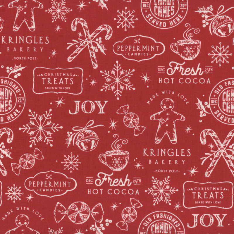 Red fabric with a white line art pattern of gingerbread and peppermint treats, snowflakes, and café signage.