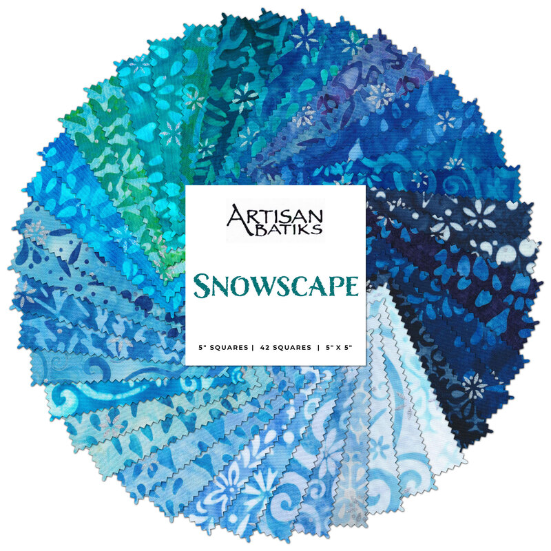 Collage of all Snowscape Batik fabrics in a circle, in gorgeous shades of blue, teal, and aqua