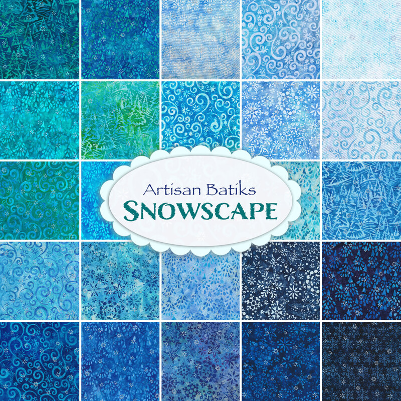 Collage of all Snowscape Batik fabrics, in gorgeous shades of blue, teal, and aqua