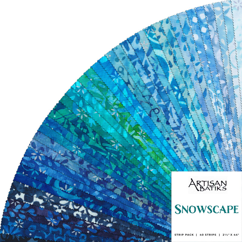 Collage of all Snowscape Batik fabrics in a fan, in gorgeous shades of blue, teal, and aqua