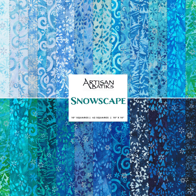 Collage of all Snowscape Batik fabrics, in gorgeous shades of blue, teal, and aqua